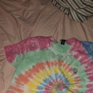 tie dye crop top with embroidered smiley face